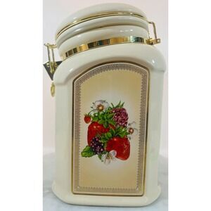 Vtg Lg Knotts Berry Farm Ceramic Canister Cookie Jar Fruit Design Gold Accents